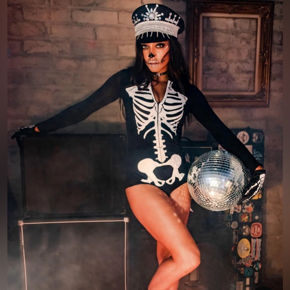 SEXY SKELETON BODYSUIT COSTUME Size XS & FESTIVAL HAT - Picture 10 of 13